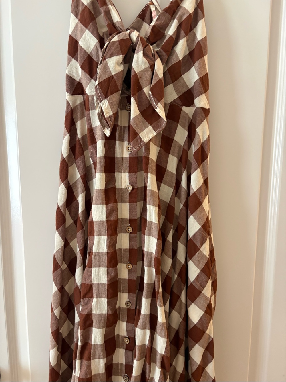 Worn once - Free People Brown and White Gingham Midi Tie-Front Dress - Picture 3 of 4